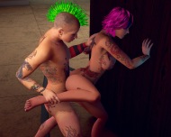Inked pubk and tattooed girl fuck in a 3D City of Sin bed